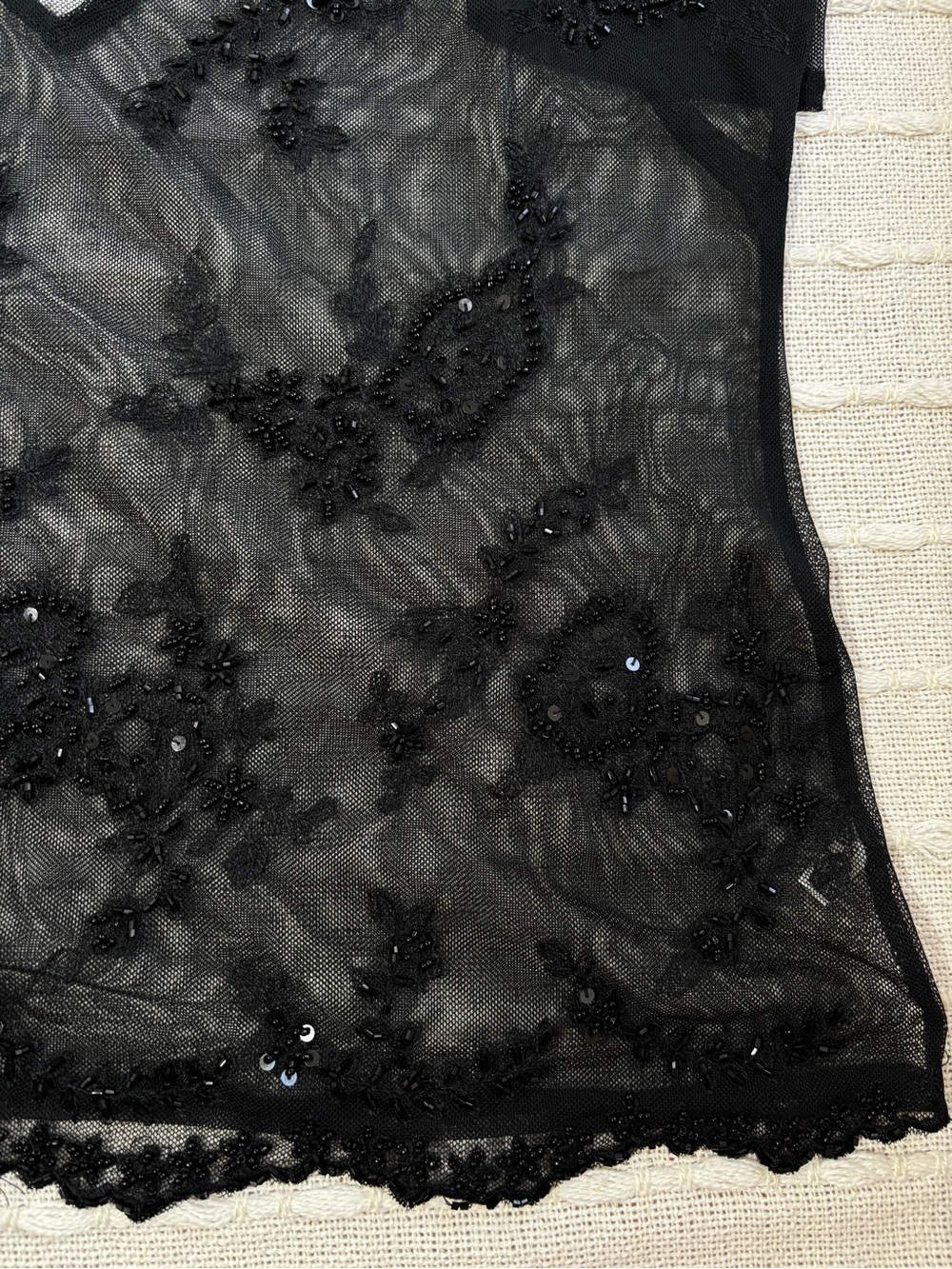 New York & Company Black Sheer Beaded Mesh Deep V-neck Top Whimsy Goth Y2K Large - Picture 7 of 11